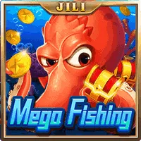 An underwater-themed image featuring a determined red octopus guarding treasure chests with gold coins, promoting the Mega Fishing game available at Khushbet casino.