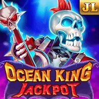 A thrilling image featuring a skeleton warrior with a glowing blue aura and the text "Ocean King Jackpot," showcasing the adventurous jackpot game available at Khushbet casino.