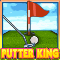 A colorful image featuring a golf putter, a ball near the hole, and a red flag on a sunny course, promoting the entertaining Putter King mini golf game at Khushbet casino.