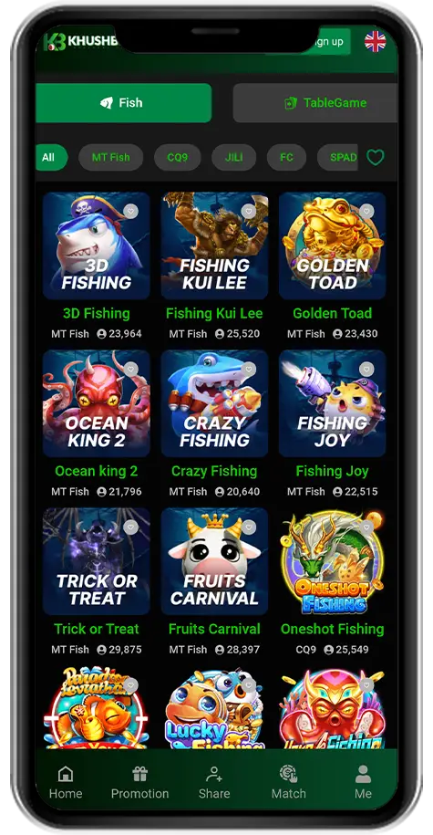 A screenshot of Khushbet's fish game selection menu on a mobile screen, displaying games like "3D Fishing," "Golden Toad," "Ocean King 2," and "Fishing Joy" with vibrant graphics and categories.