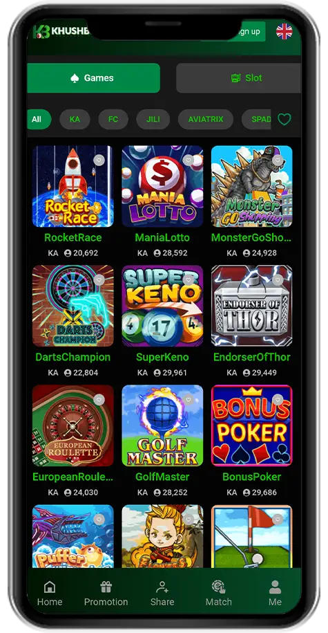 A screenshot of Khushbet's game selection menu on a mobile device, showcasing games like "Rocket Race," "Mania Lotto," "Monster Go," "Super Keno," and "Bonus Poker" with colorful game icons.