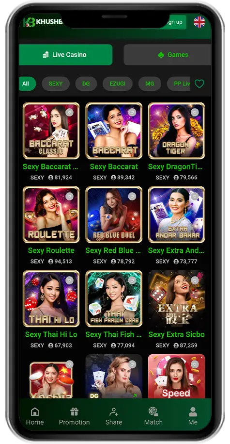 A screenshot of Khushbet's live casino game menu on a mobile device, displaying games like "Baccarat Classic," "Sexy Roulette," "Thai Hi Lo," and "Dragon Tiger" with vibrant thumbnails and live dealer visuals.