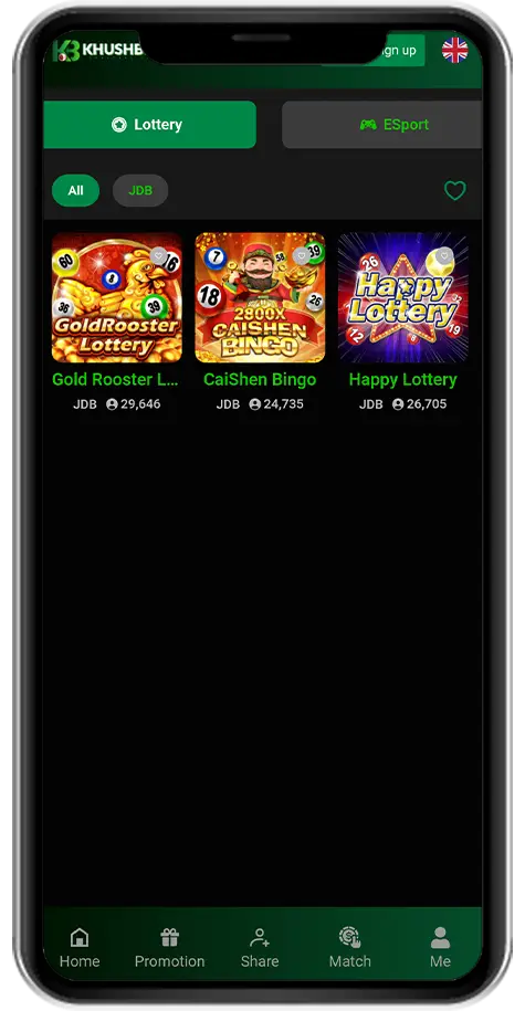 A screenshot of Khushbet's lottery game menu on a mobile device, showing games like "Gold Rooster Lottery," "Caishen Bingo," and "Happy Lottery" with colorful and engaging game icons.