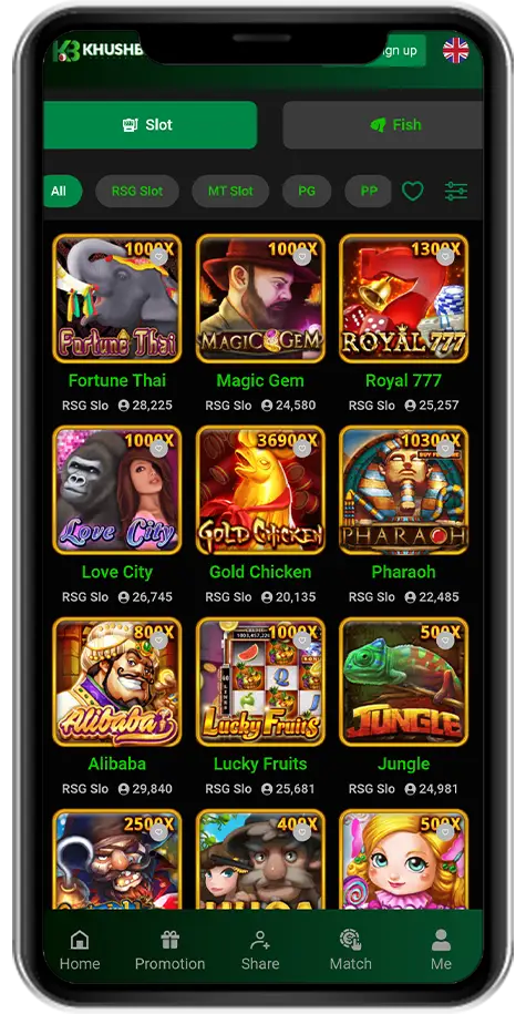 A screenshot of Khushbet's slot game menu on a mobile device, showcasing games like "Fortune Thai," "Magic Gem," "Royal 777," "Gold Chicken," and "Alibaba" with colorful graphics and jackpot indicators.