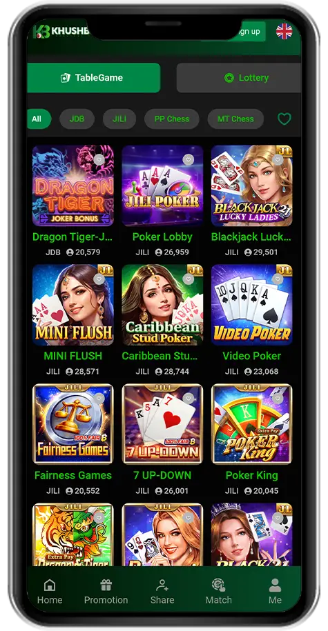 A screenshot of Khushbet's table game menu on a mobile device, featuring games like "Dragon Tiger," "JILI Poker," "Blackjack Lucky Ladies," "Caribbean Stud Poker," and "7 UP-DOWN" with colorful and engaging icons.