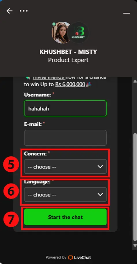 Khushbet Pakistan interface walkthrough showing how to access customer support and engage with live chat for assistance and bonuses.