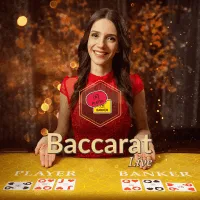 A friendly live dealer in a red dress hosting a Baccarat game, featuring a golden table with cards for Player and Banker, showcasing the immersive live Baccarat experience at Khushbet casino.