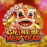 A vibrant image featuring a traditional Chinese lion dance with golden coins and the text "12000x Chinese New Year," showcasing the festive slot game available at Khushbet casino.