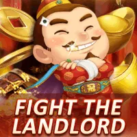 A colorful image showcasing a cheerful character in traditional attire with golden treasures, promoting the "Fight the Landlord" card game at Khushbet casino.