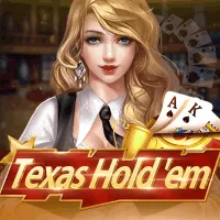 A promotional image featuring a glamorous dealer holding ace and king cards, with the text "Texas Hold'em," highlighting poker game offerings at Khushbet casino.